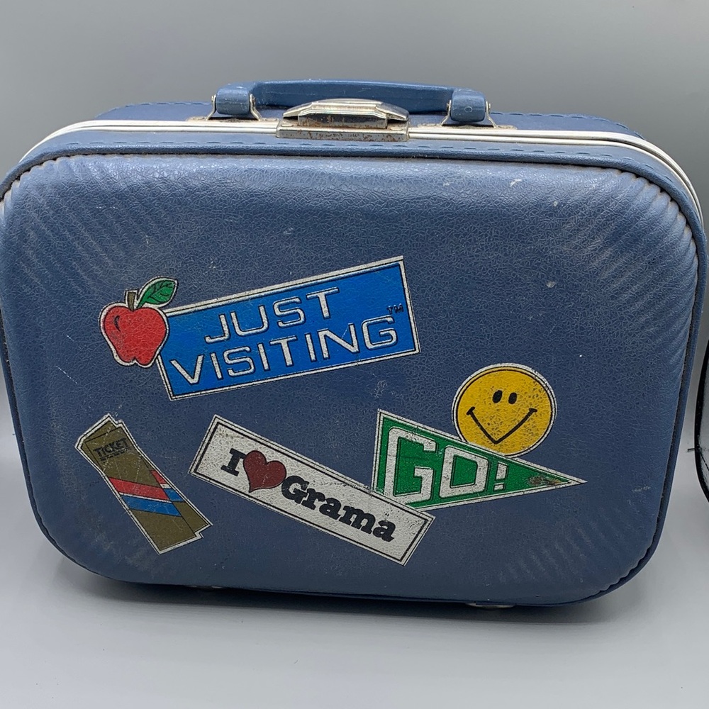 Vintage Blue Hard Case Lined Child’s Suitcase Grandma Smiley Face Just Visiting